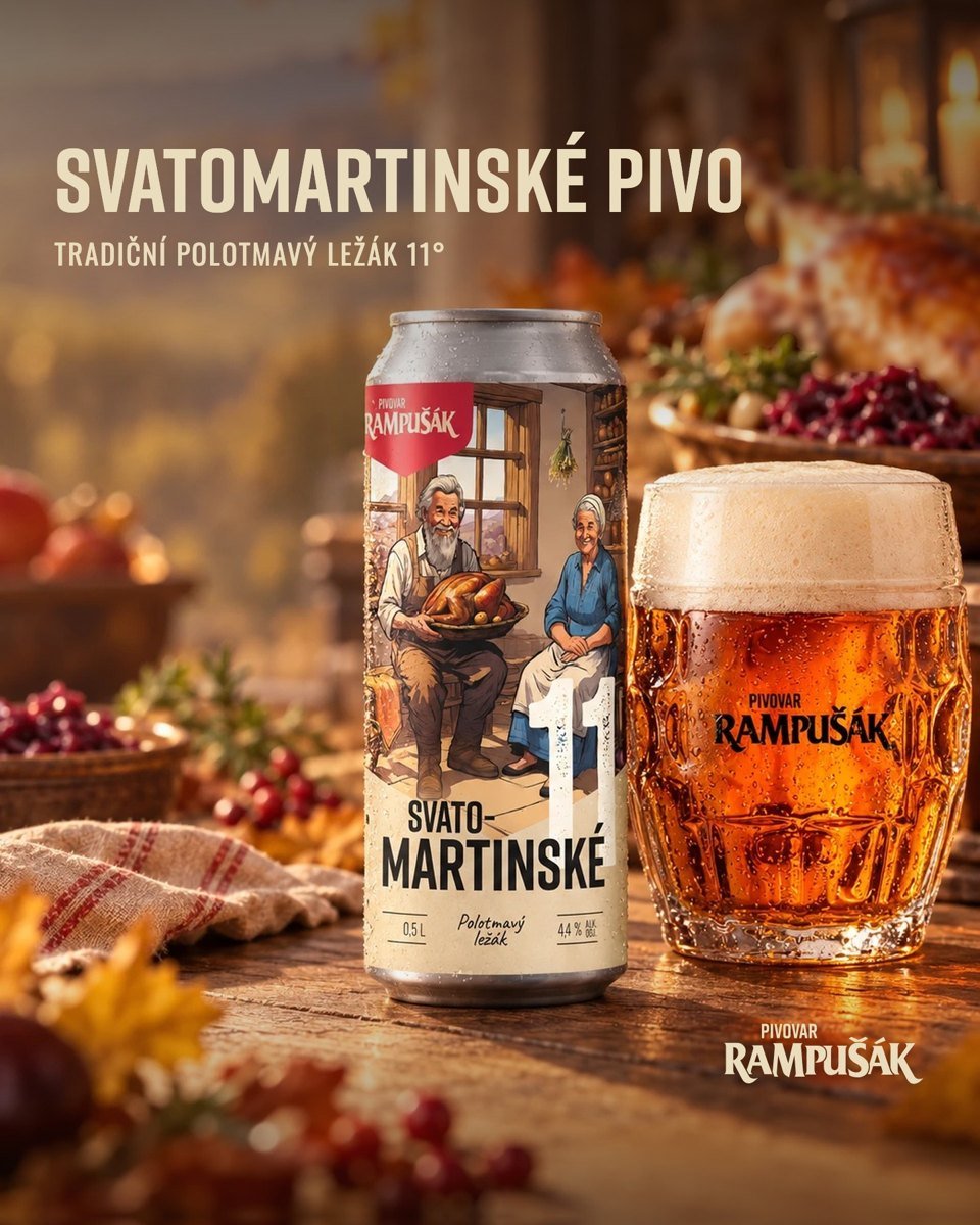 Svatomartinské pivo, polotmavý ležák 11° v plechovce a půllitru