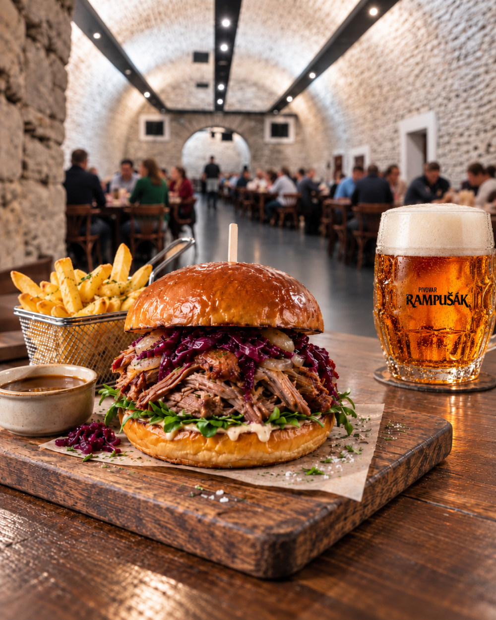 Burger s trhaným husím masem a hranolky