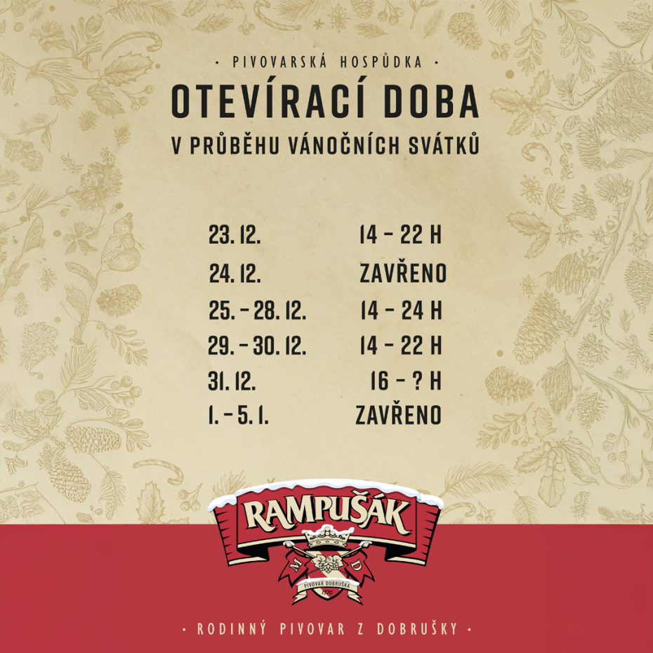 Otevírací doba pivovarské hospůdky během svátků!